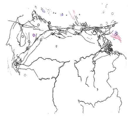 Figura 1. Mapa de las principales fallas activas de Venezuela y los eventos sísmicos mayores a magnitud 4.0 en el período entre 1983 y 1997. Mapa